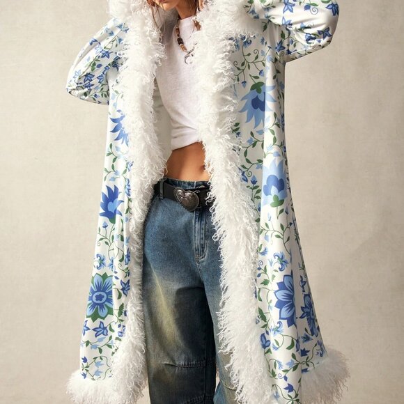 Boho Blues Women's Floral Print faux fur Fringe Trim Jacket